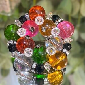 Vintage Estate Fruit Salad Art Glass Rhinestone Cabochon Brooch Multi Colored